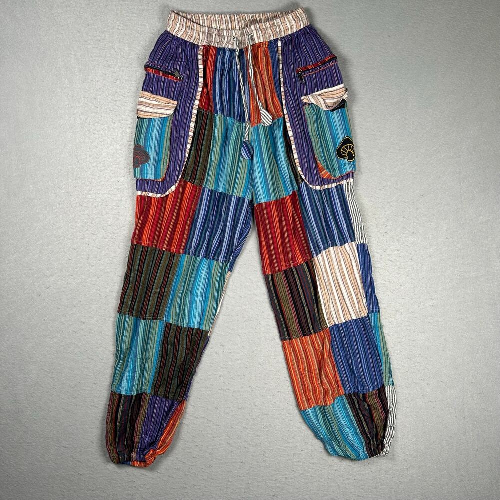 Boho Patchwork Hippie Nepalese Jogger Pants Size Large Stripes Mushrooms